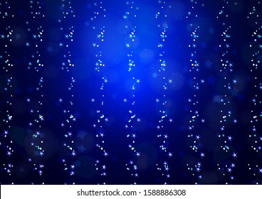 Bright abstract composition, lines of sparkling particles and stars, lens flare. Magic movement concept, background with bokeh effect. Vector illustration
