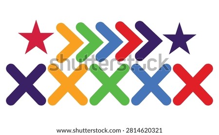 Bright abstract composition of multicolored arrows, X crosses and stars arranged in a bold graphic pattern conveying direction, movement, choice, decision-making, navigation, progress and playful modern design.