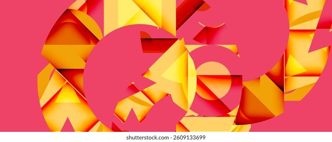 Bright abstract composition. Overlapping shapes, vibrant orange, yellow hues. Pink background creates dynamic visual experience. Modern design.