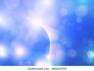 Bright abstract composition, shiny curved lines, wavy blending lines, glittering particles, highlights. Magic concept with bokeh effect for design of cards, banners, flyers or backgrounds. Vector