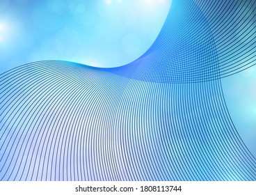 Composición abstracta brillante, líneas curvas brillantes, líneas de mezcla onduladas, partículas brillantes, resaltados. Concepto mágico con efecto bokeh para el diseño de tarjetas, banners, volantes o fondos. Vector