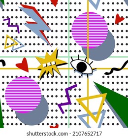 Bright abstract composition in the style of 1980-1990s. Vector texture of geometric shapes of various colors. Continuous pattern for fabrics, paper, clothes, packaging.