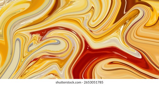 Composição abstrata brilhante em amarelo, vermelho e creme com formas fluidas brilhantes e contraste vívido, evocando calor, vitalidade e energia visual para a decoração moderna.