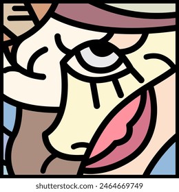 Bright, abstract contemporary illustration with bold black outlines and vibrant colors, stylized face with exaggerated features. Perfect for trendy digital media, home decor, and fashion prints