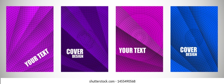 Bright abstract covers set. Striples with overlay and dotted backdrop, modern design