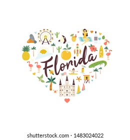 Bright abstract design with famous places of Florida, symbols