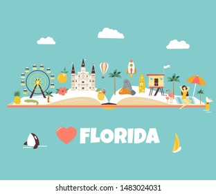 Bright abstract design with famous places of Florida, symbols. For guides, prospects. leaflets