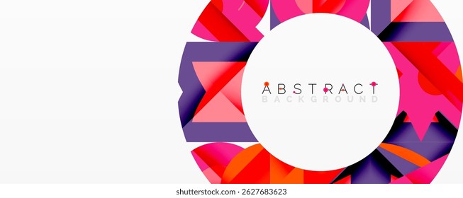 Bright abstract design features colorful geometric shapes surrounding white circle. Modern, vibrant composition.