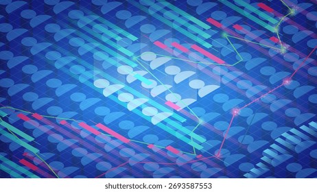 Bright abstract design features overlapping geometric shapes and lines in various colors against a blue background, creating a dynamic visual experience.