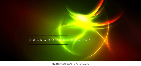 O design abstrato e brilhante apresenta brilho verde, amarelo e vermelho vibrante. A energia dinâmica irradia a partir do ponto central, o fundo escuro contrasta com a iluminação.