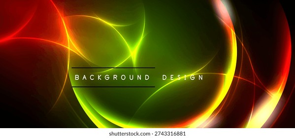 Bright abstract design features vibrant curves, glowing lines. Green dominates center, red accents sides. Modern, dynamic visual.