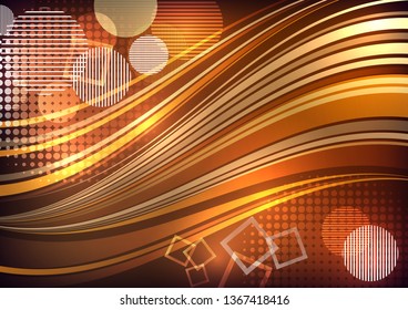 Bright abstract design. Waved stripes, circles, squares. Vector illustration for your flyer, poster, booklet design.
