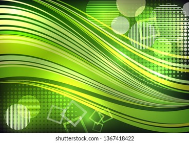 Bright abstract design. Waved stripes, circles, squares. Vector illustration for your flyer, poster, booklet design.
