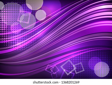 Bright abstract design. Waved stripes, circles, squares. Vector illustration for your flyer, poster, booklet design.