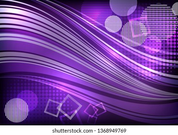 Bright abstract design. Waved stripes, circles, squares. Vector illustration for your flyer, poster, booklet design.