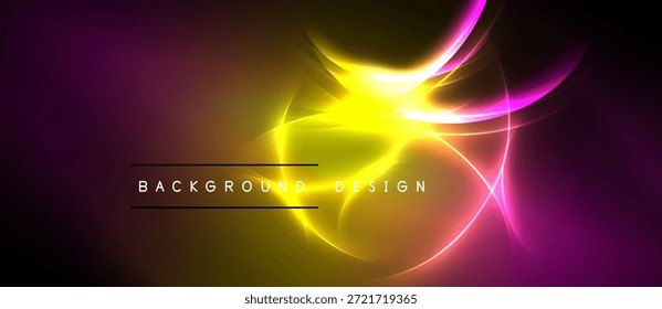 Design abstrato brilhante. A luz amarela irradia a partir do centro, misturando-se em tons roxos. Fundo escuro cria efeito dramático. Elemento visual moderno.