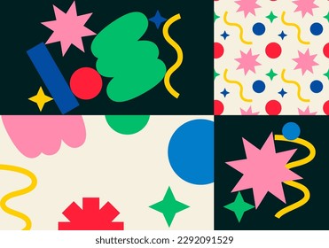 Bright Abstract Doodle Shapes. Vector Memphis Geometric Pattern. Colored Vector Compositions in Cartoon Style. Modern Flat Graphic Design for Poster and Placard. Funny Contemporary Art