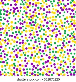 Bright abstract dot mardi gras pattern on white background. Vector illustration for holiday design. Carnival festival colorful bead backdrop, border, frame. Light yellow, green, purple color confetti.