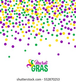 Bright abstract dot mardi gras pattern on white background. Vector illustration for holiday design. Carnival festival colorful bead backdrop, border, frame. Light yellow, green, purple color confetti.