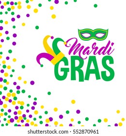 Bright abstract dot mardi gras pattern on white background. Vector illustration for holiday design. Carnival festival colorful bead backdrop, border, frame. Light yellow, green, purple color confetti.