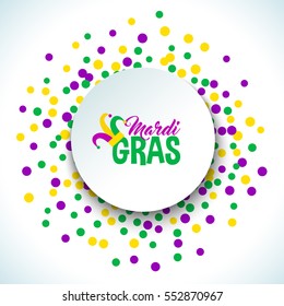 Bright abstract dot mardi gras pattern on white background. Vector illustration for holiday design. Carnival festival colorful bead backdrop, border, frame. Light yellow, green, purple color confetti.