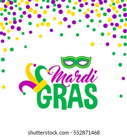 Bright abstract dot mardi gras pattern on white background. Vector illustration for holiday design. Carnival festival colorful bead backdrop, border, frame. Light yellow, green, purple color confetti.