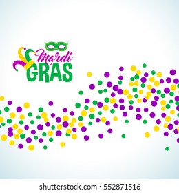 Bright abstract dot mardi gras pattern on white background. Vector illustration for holiday design. Carnival festival colorful bead backdrop, border, frame. Light yellow, green, purple color confetti.