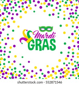 Bright abstract dot mardi gras pattern on white background. Vector illustration for holiday design. Carnival festival colorful bead backdrop, border, frame. Light yellow, green, purple color confetti.
