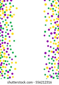 Bright abstract dot mardi gras pattern on white background. Vector illustration for holiday design. Carnival festival colorful bead backdrop, border, frame. Light yellow, green, purple color confetti.