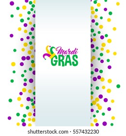 Bright abstract dot mardi gras pattern on white background. Vector illustration for holiday design. Carnival festival colorful bead backdrop, border, frame. Light yellow, green, purple color confetti.