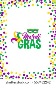 Bright abstract dot mardi gras pattern on white background. Vector illustration for holiday design. Carnival festival colorful bead backdrop, border, frame. Light yellow, green, purple color confetti.