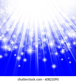 bright abstract explosion with snowflakes over blue, copyspace