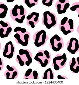 Bright, abstract, fashionable leopard pink and black shapes seamless print, pattern. 