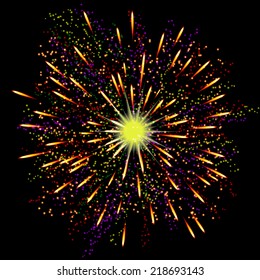 Bright abstract festive fireworks over black background. Vector illustration.