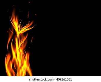 Bright abstract fire flower in flames on black background with sparks, vector illustration