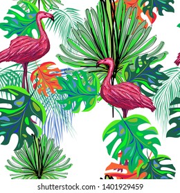 bright abstract flamingos, tropical leaves, seamless pattern for textile texture