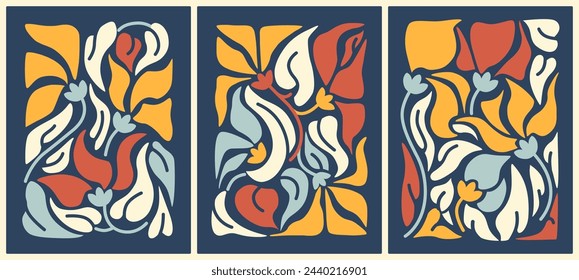 Bright abstract floral arrangements, posters template. Modern style minimal prints. Hand drawn doodle wall decor design set, vertical print collection, postcards or cover templates