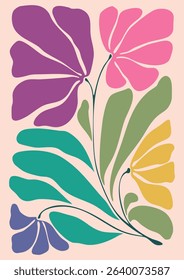 Bright abstract floral art design with large petals and leaves on a pastel background