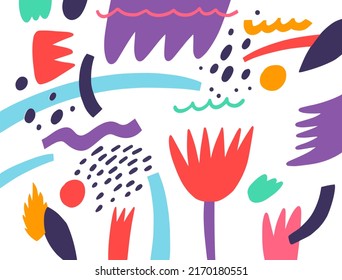 Bright abstract floral elements arranged in a modern decorative composition with colorful leaves petals dots and organic shapes creating a playful artistic pattern.
