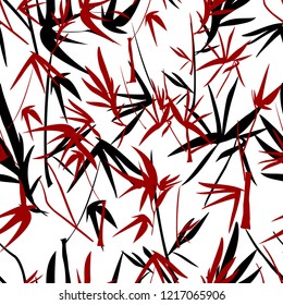 Bright, Abstract floral pattern in black and red colors. Seamless vector. Botanical elements of bamboo. leaves and branches on a white background. For textiles, wallpaper, wrapping paper, trendy print