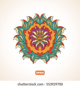 Bright abstract floral pattern in ethnic style. White background. Bright colors.