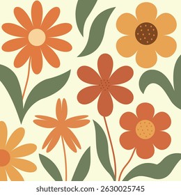Bright Abstract Floral Pattern with Warm Orange and Green Color Palette.