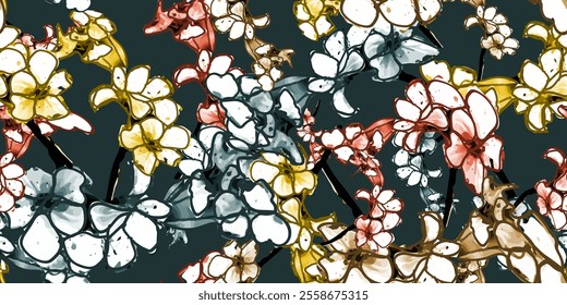 Bright, abstract floral seamless pattern with a tropical feel. Cheerful, tropical floral. Fashionable background. Trendy fabric prints. Vector illustration.