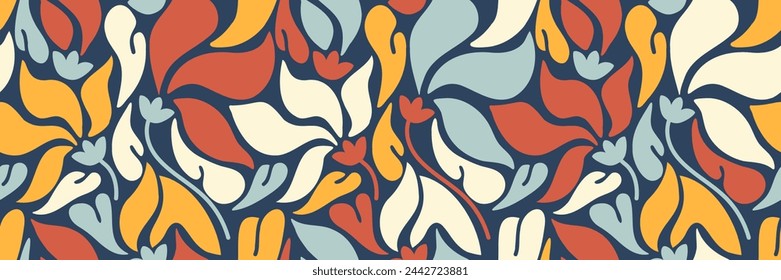 Bright abstract floral seamless wallpaper. Wide wildflower backdrop. Colorful Hand drawn doodle background