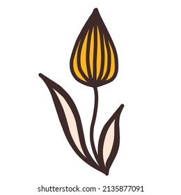 flor abstracta brillante de estilo escandinavo,ilustración vectorial, forma redondeada, color amarillo, aislado en fondo blanco