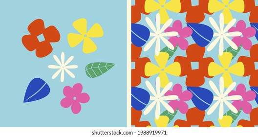 Bright abstract flowers on a blue background. Colorful flat seamless flora pattern.