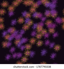 Flores abstractas y luminosas sobre un fondo oscuro. Patrón sin foco. Ilustración vectorial.