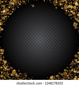 Bright abstract frame of glowing gold particles with bokeh effect. Light effects on a transparent background. Vector illustration