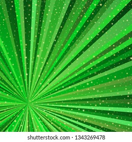 Bright abstract frame with green beams and gold stars. Vector image. Eps 10