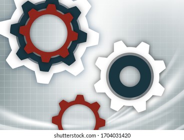 Engranajes abstractos brillantes en un fondo gris con una rejilla técnica, efectos de puntos claros. Diseño moderno de portada corporativa, volante, banner, folleto, papel pintado. Ilustración del vector